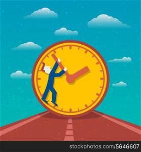 Time management day planning road to success poster with clock and man cartoon character flat vector illustration