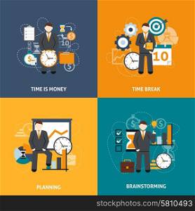 Time management design concept set with money planning and brainstorming flat icons isolated vector illustration. Time Management Flat