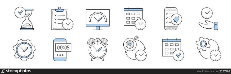 Time management doodle icons hourglass with tick, to-do list, calendar grid, app notification on phone, hand with watch, alarm clock, gear and target with arrow signs Line art vector illustration, set. Time management doodle icons, work planning signs