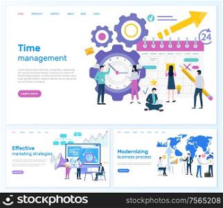 Time management, effective marketing stratagies and modernizing business. Laptop and loudspeaker, map and graphics, development and income growth. Website or webpage template, landing page flat style. Time Management, Marketing or Modernizing Business