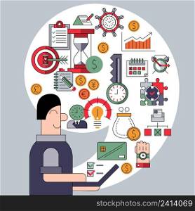 Time management flat concept with person with laptop and planning icons set vector illustration