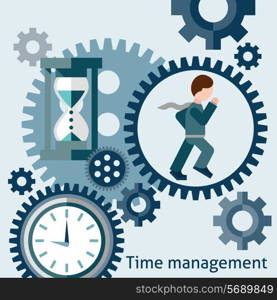 Time management flat concept with running businessman cogwheels clocks and hourglass vector illustration