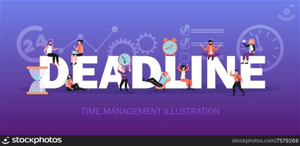 Time management flat horizontal composition title header with prominent deadline lettering schedule clock symbols background vector illustration