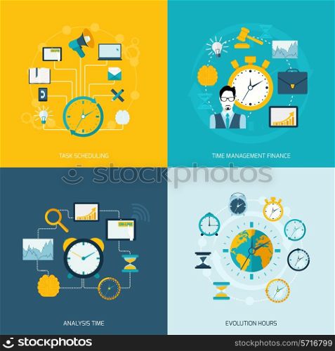 Time management flat icons set with task scheduling time management finance analysis evolution hours isolated vector illustration