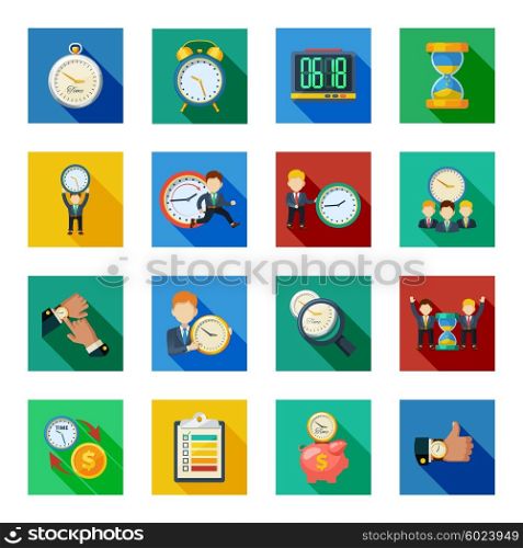 Time Management Flat Shadow Icons Set. Time management money saving with hourglass sand clock flat icons slant shadow set abstract isolated vector illustration