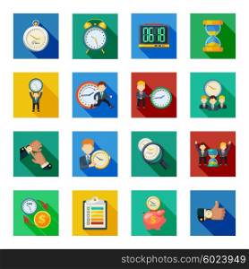 Time Management Flat Shadow Icons Set. Time management money saving with hourglass sand clock flat icons slant shadow set abstract isolated vector illustration