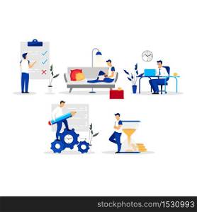 Time management flat vector illustrations set. Workflow optimization, multitasking. Office workers, managers, entrepreneurs, businessmen. To do list, work planning isolated cartoon characters. Time management flat vector illustrations set