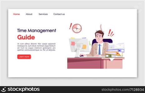 Time management guide landing page vector template. Everyday stress website interface, flat illustrations. Workplace homepage layout. Overworked employee. Deadline web banner, webpage cartoon concept