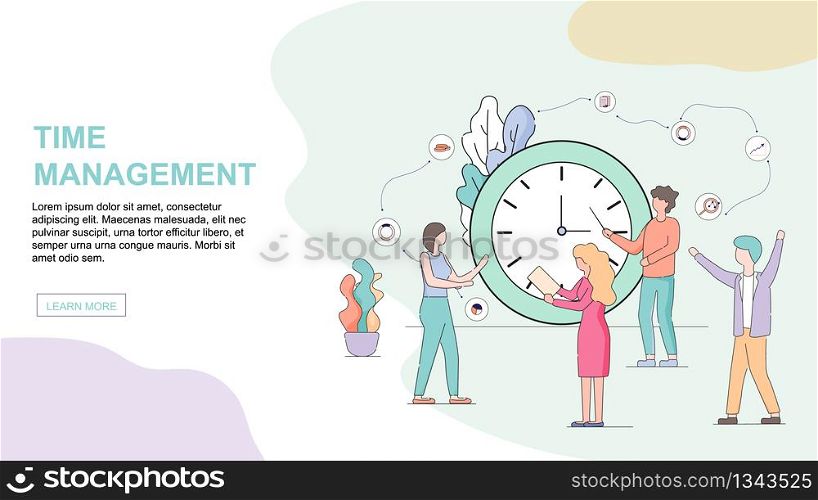 Time Management Horizontal Banner with Copy Space. Business People Stand at Big Watch in Office. Organization of Working Process. Men and Women Time Controling. Linear Cartoon Flat Vector Illustration. Business People Stand at Big Watch in Office.
