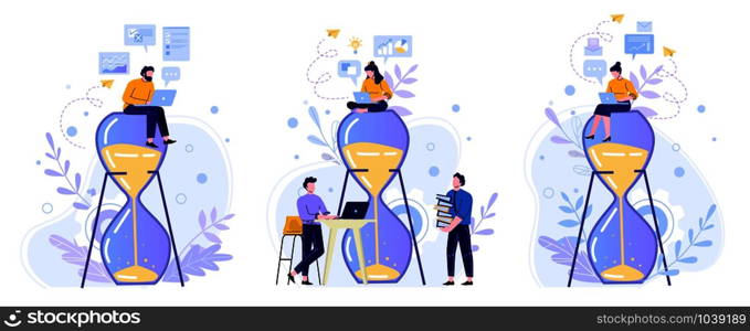 Time management hourglass. People work with laptop on sandglass, working hours and team productivity flat vector illustration set. Office workers faceless characters. Productivity concept. Time management hourglass. People work with laptop on sandglass, working hours and team productivity flat vector illustration set. Office workers cartoon characters. Performance concept