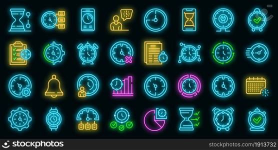 Time management icons set. Outline set of time management vector icons neon color on black. Time management icons set vector neon