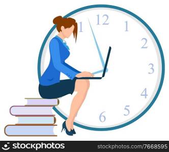 Time management in freelance work vector, isolated woman working on computer. Lady sitting on books with laptop, clock symbol of deadline projects. Freelancer Woman Working on Laptop Deadline Clock