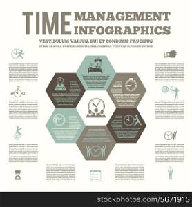Time management infografic layout poster with team work strategy list to-do planning and alarm clock vector illustration