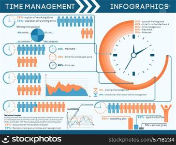 Time management infographics with clocks people pictograms and charts vector illustration