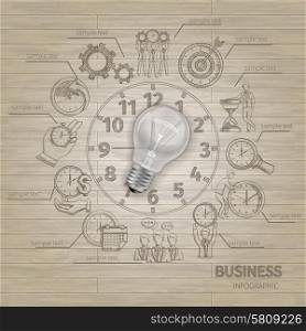 Time management infographics with sketch symbols in clock shape and realistic lightbulb vector illustration. Time Managements Sketch