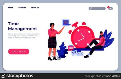 Time management landing page. Productivity improvement website and successfully organizing work web page. Vector technology modern digital stopwatch for optimizing workflow. Time management landing page. Productivity improvement website and successfully organizing work web page. Vector technology modern digital stopwatch