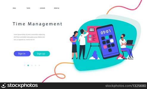 Time management landing page. Team work concept with business people planning workflow. Vector illustration modern optimizing time organization and schedule planning web page. Time management landing page. Team work concept with business people planning workflow. Vector time organization and schedule planning web page