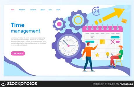Time management landing page template. Concept planning, time organization of working day. Businessmen making a schedule, sitting with laptop near big calendar. Planning diary for productive work. Time management landing page template. Concept planning, time organization of working day
