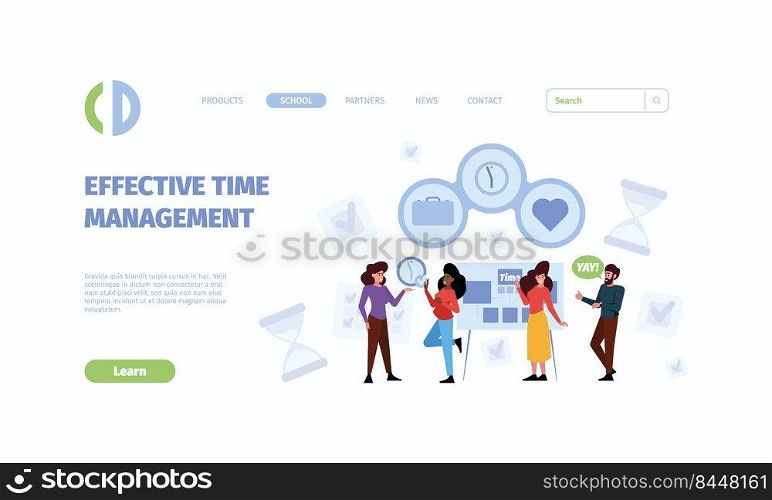 Time management landing. Work effective planning processes office productive business managers garish vector web page template with place for text. Illustration of business time management. Time management landing. Work effective planning processes office productive business managers garish vector web page template with place for text