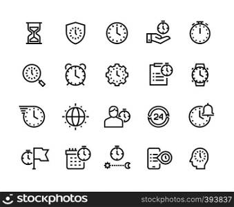 Time management line icons. Stopwatch, alarm and hourglass thin vector symbols. Timekeeping and business efficiency concept. Milestone schedule calendar work manage task employee success. Time management line icons. Stopwatch, alarm and hourglass thin vector symbols. Timekeeping and business efficiency concept