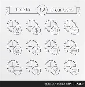 Time management linear icons set. Round vector clock with different activities isolated on white. Work, home, dinner, sleep, workout, party, shopping symbols. Time management linear icons set