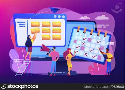 Time management, marketers teamwork. Media planning, media representation control, reach your client, best media plan for your brand concept. Bright vibrant violet vector isolated illustration. Media planning concept vector illustration.
