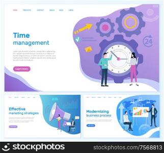 Time management, marketing or business development vector. Modernizing and effective strategies, businessman and businesswoman, modern technologies. Website or webpage template landing page in flat. Time Management, Marketing or Business Development