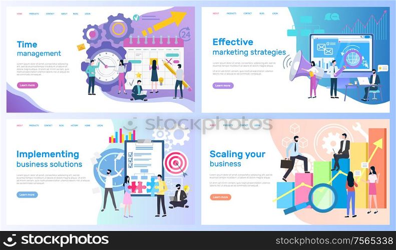 Time management, marketing strategies vector, implementing business solutions and scaling. Calendar and computer, organizer and statistics graphics. Webpage template, landing page in flat style. Time Management, Marketing Strategies, Business