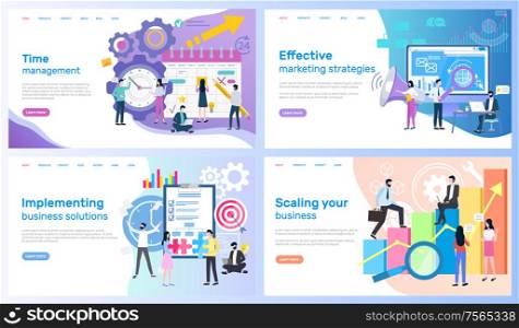 Time management, marketing strategies vector, implementing business solutions and scaling. Calendar and computer, organizer and statistics graphics. Webpage template, landing page in flat style. Time Management, Marketing Strategies, Business