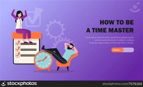 Time management mastering tips flat horizontal web banner with completed tasks clock and relaxing symbols vector illustration