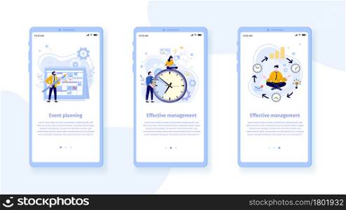 Time management mobile interface template. Man with pencil and schedule planning events and tasks. Employees working to meet deadlines. Office worker meditating and relieving stress. Time management mobile interface template. Man with pencil and schedule planning events and tasks. Employees working
