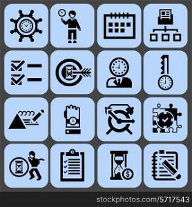 Time management office community working resources black icons set isolated vector illustration