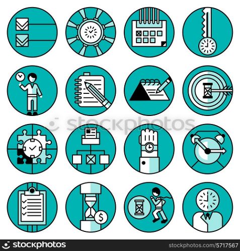 Time management office people running planning working training blue line icons set isolated vector illustration
