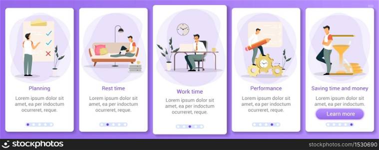Time management onboarding mobile app screen vector template. Workflow organization. Manager planning work day. Walkthrough website steps with flat characters. UX, UI, GUI smartphone cartoon interface