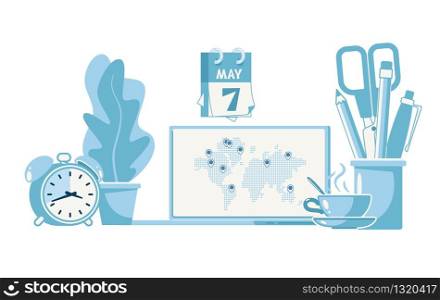 Time Management, Online Commerce, Worldwide Logistics Flat Vector Concept. World Map with Pins on Laptop Screen, Stationery in Holder, Coffee Cup, Flowerpot, Alarm Clock and Calendar Illustration