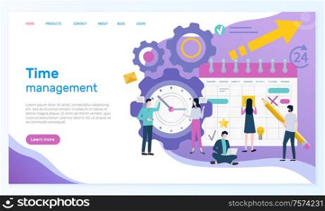 Time management online web page with organizer vector. Men and women compose business schedule, wall clock, success element and productive work arrangement. Website or webpage template landing page. Time Management Online Web Page with Organizer