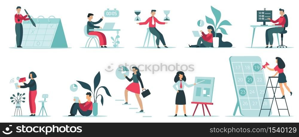 Time management organising. Planning office work tasks, work productivity, timing schedule, office workers productivity isolated illustration set. Time business, office management. Time management organising. Planning office work tasks, work productivity, timing schedule, office workers productivity isolated illustration set