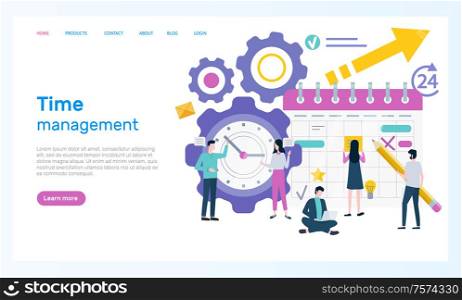 Time management,organizer and clock, business vector. Calendar and plan, work organization, projects and meetings arrangement online Internet page. Website or webpage template landing page in flat. Time Management, Organizer and Clock, Business
