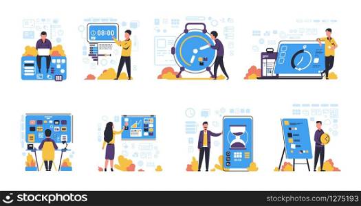 Time management. Organizing task and schedule planning, isolated concepts of productivity improvement and effective agenda. Vector set flat image people with clock for office work organizing. Time management. Organizing task and schedule planning, isolated concepts of productivity improvement and effective agenda. Vector set