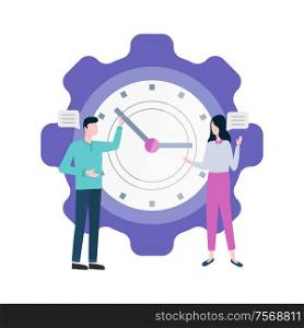 Time management people with big clock vector. Isolated man and woman with watch, timing and planning organization, characters with working plan job. Time Management People with Big Clock Isolated
