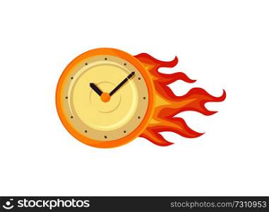 Time management, poster with clock set on fire, symbolic representation of deadline and planning, vector illustration isolated on white background. Time Management Clock Poster Vector Illustration