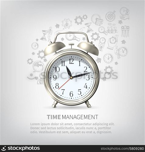 Time management poster with sketch planning elements and realistic alarm clock vector illustration. Time Management Poster