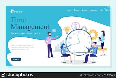 Time management, principles and rules, effects of control. Teamwork collaboration, finance strategy, business success, employees marketing vector. Website or webpage template, landing page flat style. Personnel Management, Stages of Development Vector