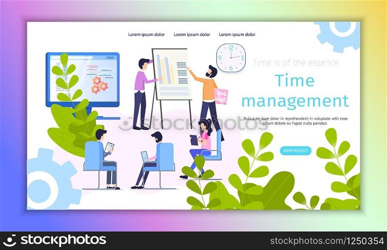 Time Management Process Improvement Flat Banner. Male Analyze Business Information, Teammate draw Bar Graph on Flip Chart Board. Team inspect User Data in Notebook. Person Profile on Desktop Display. Time Management Process Improvement Flat Banner