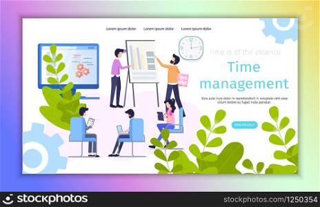 Time Management Process Improvement Flat Banner. Male Analyze Business Information, Teammate draw Bar Graph on Flip Chart Board. Team inspect User Data in Notebook. Person Profile on Desktop Display. Time Management Process Improvement Flat Banner