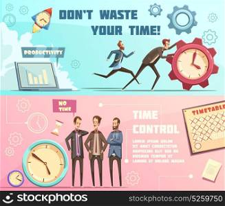 Time Management Retro Cartoon Banners. Horizontal banners in retro cartoon style with time management including effective planning and productivity isolated vector illustration