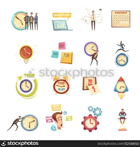 Time Management Retro Cartoon Icons Set. Time management set of retro cartoon icons with hurry man planning productivity startup calendar isolated vector illustration