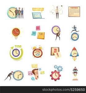 Time Management Retro Cartoon Icons Set. Time management set of retro cartoon icons with hurry man planning productivity startup calendar isolated vector illustration