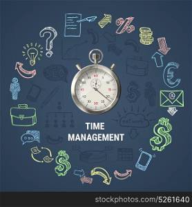 Time Management Round Composition. Time management round composition with 3d stopwatch, hand drawn business icons on textured dark background vector illustration