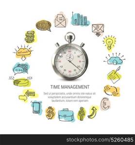 Time Management Round Design. Time management round design with hand drawn business icons 3d stopwatch on white background isolated vector illustration